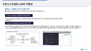 24
오픈소스컨설팅 LLM의 차별성
LLM을 튜닝하여 실제 서비스에 맞춘 커스터마이징을 지원해드립니다.
차별성 3 – 맞춤형 서비스로 확장 지원
1. Domain Adaptation 방법으로 전문성 보장
2. Function Call 방법으로 Agent로서의 AI 지원
Domain Adaptation 방법으로 LLM에게 도메인 데이터를 학습시켜 각 도메인에 높은 전문성을 갖도록
지원합니다.
LLM이 충분한 Value를 갖게 하기 위하여 단순히 질문에 대한 답변을 제공하는 것을 넘어, 직접 업무까지 수행할 수 있게끔 지원합니다.
Function Call 방법을 통해 내∙외부 서비스나 데이터베이스와 상호작용하여 Agent로서의 AI 서비스를 이용하실 수 있도록 지원합니다.
[예시: Function Call 방법을 통한 캘린더 내 자동 일정 추가]
[Function Call 구조도]
 