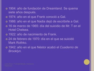 1904: año de fundación de Dreamland. Se quema siete años después.1974: año en el que Frank conoció a Gal.1986: año en el que Nadia dejó de escribirle a Gal.16 de marzo de 1965: día del suicidio de Mr. T en el Hotel Chelsea.1922: año de nacimiento de Frank.24 de febrero de 1970: día en el que se suicidó Mark Rothko.1942: año en el que Néstor acabó el Cuaderno de Brooklyn.Laura Noya. 1º de bachillerato. Literaturas hispánicas.