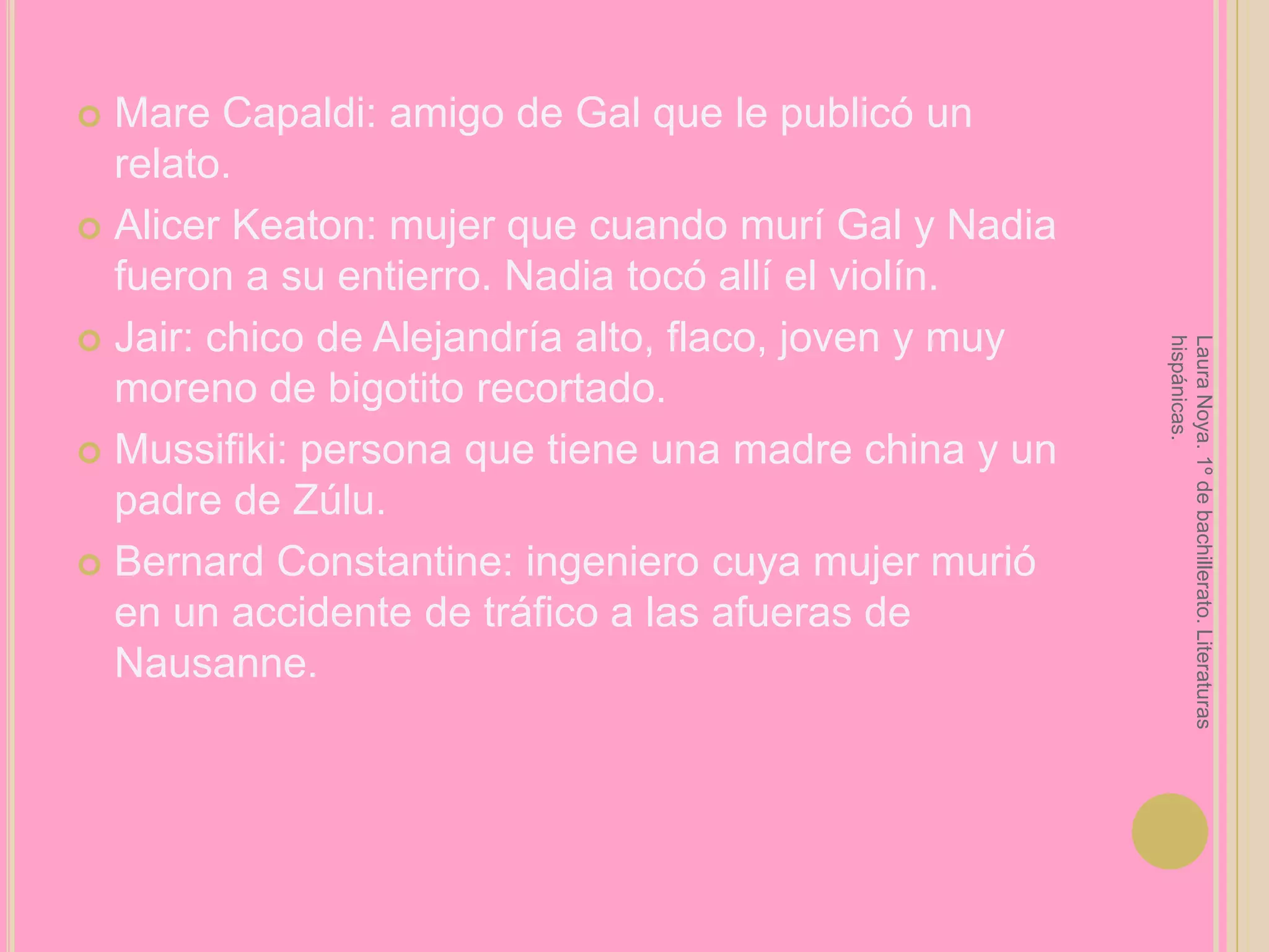 Mare Capaldi: amigo de Gal que le publicó un relato.Alicer Keaton: mujer que cuando murí Gal y Nadia fueron a su entierro. Nadia tocó allí el violín.Jair: chico de Alejandría alto, flaco, joven y muy moreno de bigotito recortado.Mussifiki: persona que tiene una madre china y un padre de Zúlu.Bernard Constantine: ingeniero cuya mujer murió en un accidente de tráfico a las afueras de Nausanne.Laura Noya. 1º de bachillerato. Literaturas hispánicas.