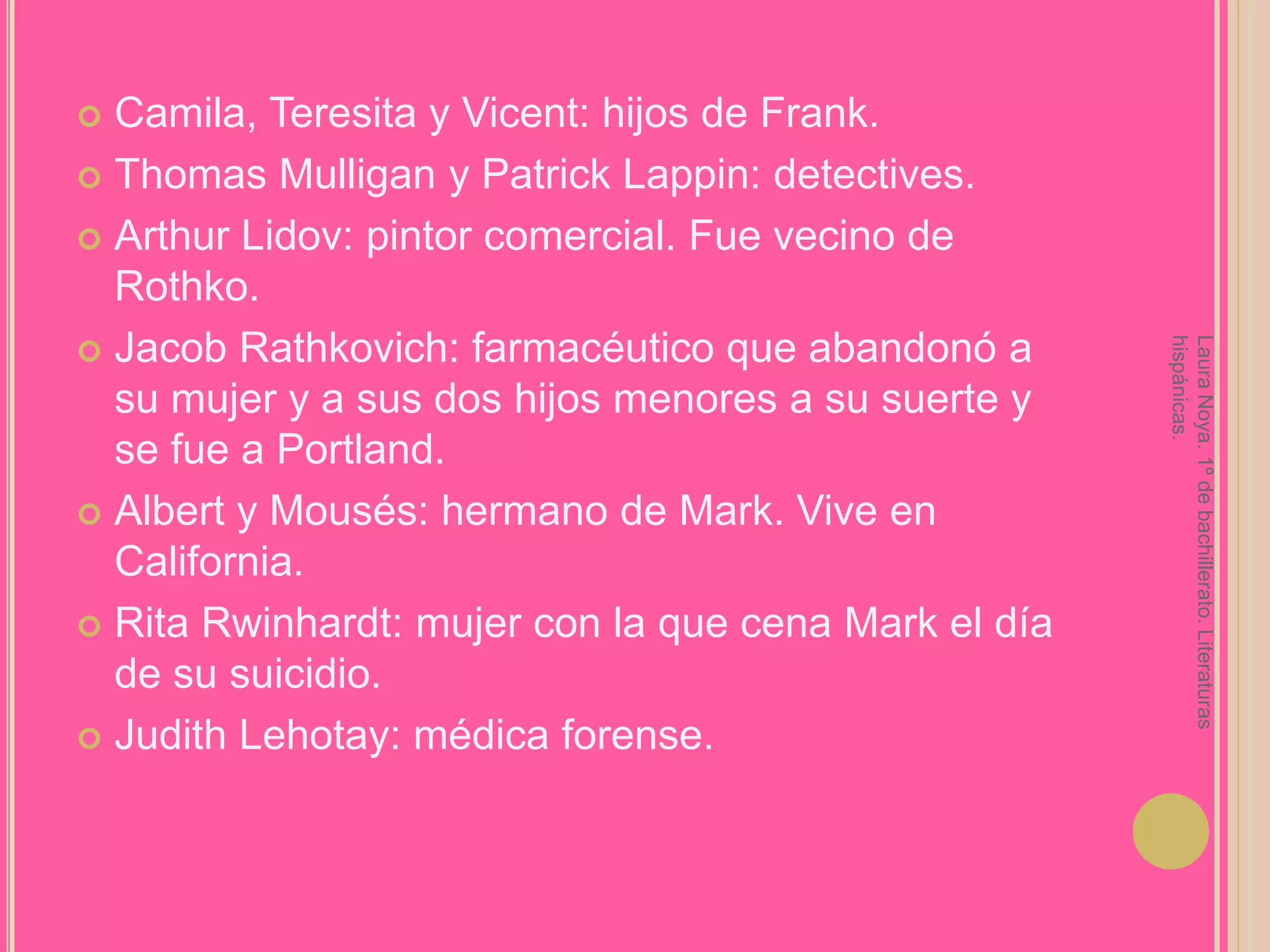 Camila, Teresita y Vicent: hijos de Frank.Thomas Mulligan y Patrick Lappin: detectives.Arthur Lidov: pintor comercial. Fue vecino de Rothko.Jacob Rathkovich: farmacéutico que abandonó a su mujer y a sus dos hijos menores a su suerte y se fue a Portland.Albert y Mousés: hermano de Mark. Vive en California.Rita Rwinhardt: mujer con la que cena Mark el día de su suicidio.Judith Lehotay: médica forense.Laura Noya. 1º de bachillerato. Literaturas hispánicas.