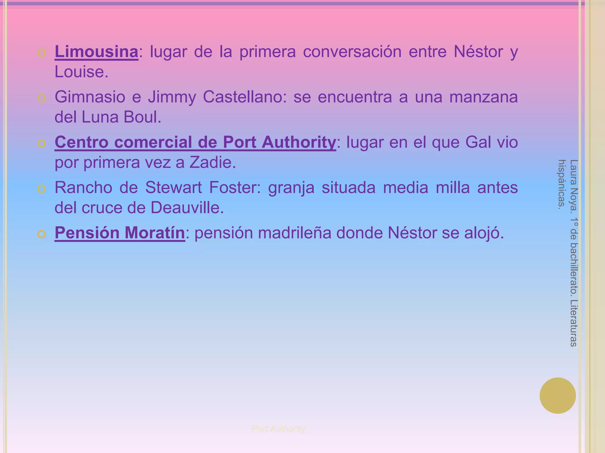 Limousina: lugar de la primera conversación entre Néstor y Louise.Gimnasio e Jimmy Castellano: se encuentra a una manzana del Luna Boul.Centro comercial de Port Authority: lugar en el que Gal vio por primera vez a Zadie.Rancho de Stewart Foster: granja situada media milla antes del cruce de Deauville.Pensión Moratín: pensión madrileña donde Néstor se alojó.Laura Noya. 1º de bachillerato. Literaturas hispánicas.Port Authority