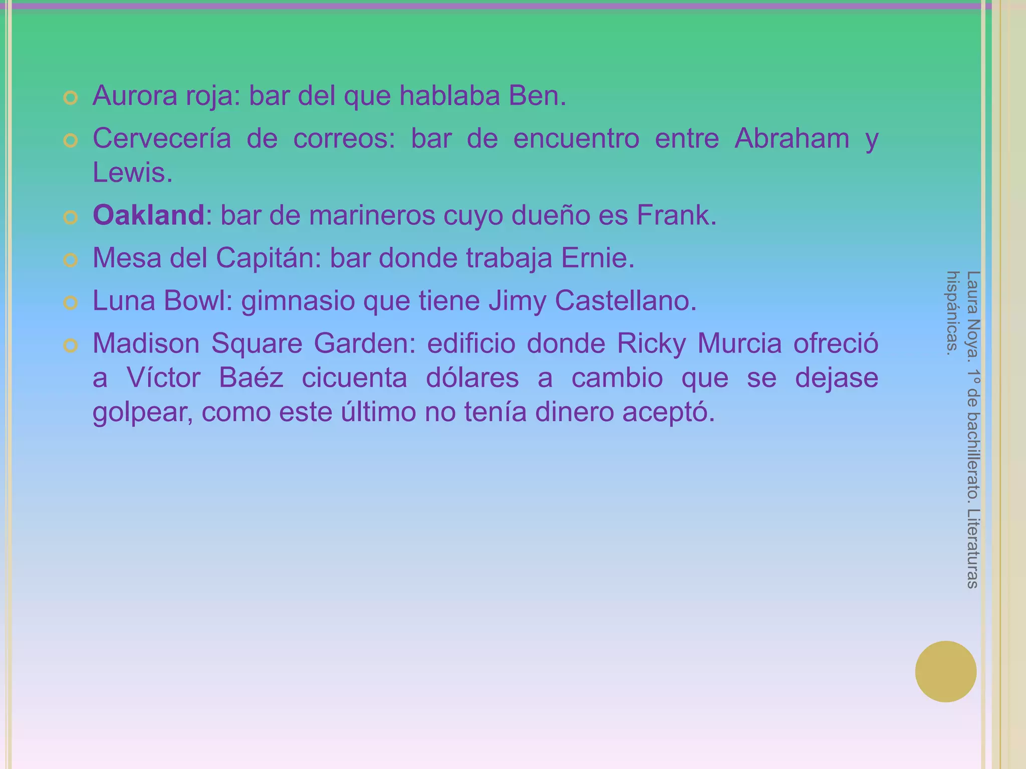 Aurora roja: bar del que hablaba Ben.Cervecería de correos: bar de encuentro entre Abraham y Lewis.Oakland: bar de marineros cuyo dueño es Frank.Mesa del Capitán: bar donde trabaja Ernie.Luna Bowl: gimnasio que tiene Jimy Castellano.Madison Square Garden: edificio donde Ricky Murcia ofreció a Víctor Baézcicuenta dólares a cambio que se dejase golpear, como este último no tenía dinero aceptó.Laura Noya. 1º de bachillerato. Literaturas hispánicas.