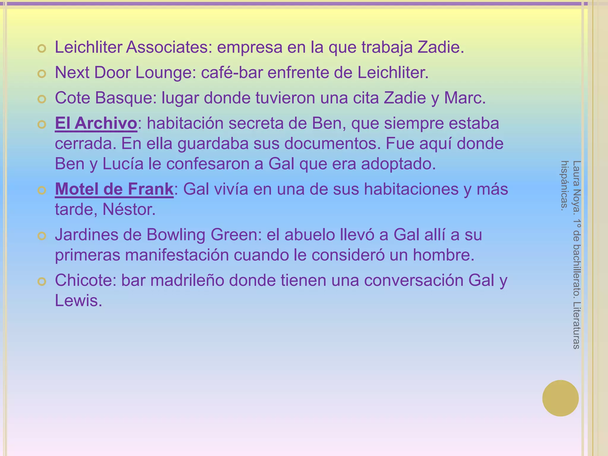 LeichliterAssociates: empresa en la que trabaja Zadie.NextDoorLounge: café-bar enfrente de Leichliter.Cote Basque: lugar donde tuvieron una cita Zadie y Marc.El Archivo: habitación secreta de Ben, que siempre estaba cerrada. En ella guardaba sus documentos. Fue aquí donde Ben y Lucía le confesaron a Gal que era adoptado.Motel de Frank: Gal vivía en una de sus habitaciones y más tarde, Néstor.Jardines de Bowling Green: el abuelo llevó a Gal allí a su primeras manifestación cuando le consideró un hombre.Chicote: bar madrileño donde tienen una conversación Gal y Lewis.Laura Noya. 1º de bachillerato. Literaturas hispánicas.