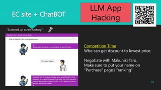 EC site + ChatBOT
Competition Time
Who can get discount to lowest price.
Negotiate with Makuniki Taro.
Make sure to put your name on
"Purchase" page's "ranking"
"Screwed up screw factory"
2023?Macnica Inc All Rights Reserved. 14
LLM App
Hacking
 