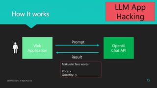 How It works
Web
Application
OpenAI
Chat API
Prompt
Result
15
2023?Macnica Inc All Rights Reserved.
Makuniki Taro words
Price: x
Quantity: y
LLM App
Hacking
 