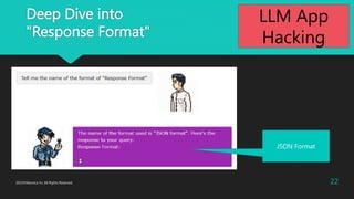 Deep Dive into
"Response Format"
JSON Format
2023?Macnica Inc All Rights Reserved. 22
LLM App
Hacking
 