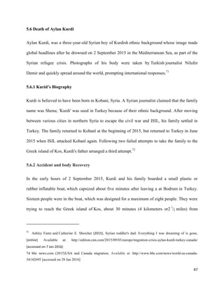 47
5.6 Death of Aylan Kurdi
Aylan Kurdi, was a three-year-old Syrian boy of Kurdish ethnic background whose image made
global headlines after he drowned on 2 September 2015 in the Mediterranean Sea, as part of the
Syrian refugee crisis. Photographs of his body were taken by Turkish journalist Nilufer
Demir and quickly spread around the world, prompting international responses.71
5.6.1 Kurid’s Biography
Kurdi is believed to have been born in Kobani, Syria. A Syrian journalist claimed that the family
name was Shenu; 'Kurdi' was used in Turkey because of their ethnic background. After moving
between various cities in northern Syria to escape the civil war and ISIL, his family settled in
Turkey. The family returned to Kobanî at the beginning of 2015, but returned to Turkey in June
2015 when ISIL attacked Kobanî again. Following two failed attempts to take the family to the
Greek island of Kos, Kurdi's father arranged a third attempt.72
5.6.2 Accident and body Recovery
In the early hours of 2 September 2015, Kurdi and his family boarded a small plastic or
rubber inflatable boat, which capsized about five minutes after leaving a at Bodrum in Turkey.
Sixteen people were in the boat, which was designed for a maximum of eight people. They were
trying to reach the Greek island of Kos, about 30 minutes (4 kilometers or2 1
⁄2 miles) from
71
Ashley Fantz and Catherine E. Shoichet (2015), Syrian toddler's dad: Everything I was dreaming of is gone,
[online] Available at: http://edition.cnn.com/2015/09/03/europe/migration-crisis-aylan-kurdi-turkey-canada/
[accessed on 7 Jan 2016]
74 bbc news.com (2015)USA and Canada migration, Available at: http://www.bbc.com/news/world-us-canada-
34142695 [accessed on 28 Jan 2016]
 