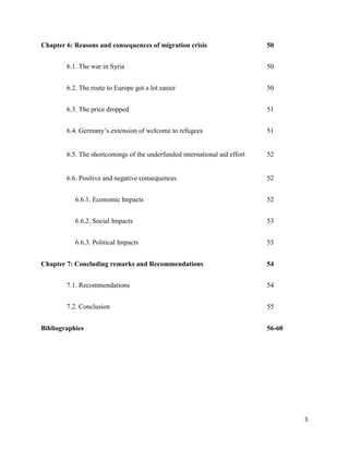 5
Chapter 6: Reasons and consequences of migration crisis 50
6.1. The war in Syria 50
6.2. The route to Europe got a lot easier 50
6.3. The price dropped 51
6.4. Germany‟s extension of welcome to refugees 51
6.5. The shortcomings of the underfunded international aid effort 52
6.6. Positive and negative consequences 52
6.6.1. Economic Impacts 52
6.6.2. Social Impacts 53
6.6.3. Political Impacts 53
Chapter 7: Concluding remarks and Recommendations 54
7.1. Recommendations 54
7.2. Conclusion 55
Bibliographies 56-60
 