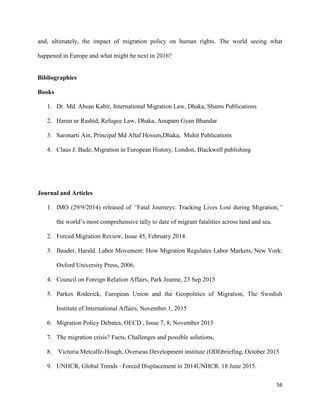 56
and, ultimately, the impact of migration policy on human rights. The world seeing what
happened in Europe and what might be next in 2016?
Bibliographies
Books
1. Dr. Md. Ahsan Kabir, International Migration Law, Dhaka, Shams Publications
2. Harun ur Rashid, Refugee Law, Dhaka, Anupam Gyan Bhandar
3. Saronarti Ain, Principal Md Altaf Hossen,Dhaka, Muhit Publications
4. Claus J. Bade, Migration in European History, London, Blackwell publishing
Journal and Articles
1. IMO (29/9/2014) released of “Fatal Journeys: Tracking Lives Lost during Migration,”
the world‟s most comprehensive tally to date of migrant fatalities across land and sea.
2. Forced Migration Review, Issue 45, February 2014.
3. Bauder, Harald. Labor Movement: How Migration Regulates Labor Markets, New York:
Oxford University Press, 2006.
4. Council on Foreign Relation Affairs, Park Jeanne, 23 Sep 2015
5. Parkes Roderick, European Union and the Geopolitics of Migration, The Swedish
Institute of International Affairs, November 1, 2015
6. Migration Policy Debates, OECD , Issue 7, 8, November 2015
7. The migration crisis? Facts, Challenges and possible solutions,
8. Victoria Metcalfe-Hough, Overseas Development institute (ODI)briefing, October 2015
9. UNHCR, Global Trends –Forced Displacement in 2014UNHCR. 18 June 2015.
 
