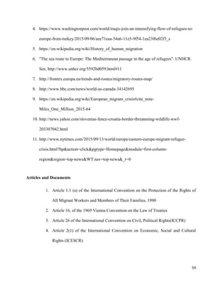 59
4. https://www.washingtonpost.com/world/iraqis-join-an-intensifying-flow-of-refugees-to-
europe-from-turkey/2015/09/06/aee71eaa-54a6-11e5-9f54-1ea23f6e02f3_s
5. https://en.wikipedia.org/wiki/History_of_human_migration
6. "The sea route to Europe: The Mediterranean passage in the age of refugees". UNHCR.
See, http://www.unhcr.org/5592bd059.html#11
7. http://frontex.europa.eu/trends-and-routes/migratory-routes-map/
8. http://www.bbc.com/news/world-us-canada-34142695
9. https://en.wikipedia.org/wiki/European_migrant_crisis#cite_note-
Miles_One_Million_2015-64
10. http://news.yahoo.com/slovenias-fence-croatia-border-threatening-wildlife-wwf-
203307042.html
11. http://www.nytimes.com/2015/09/13/world/europe/eastern-europe-migrant-refugee-
crisis.html?hp&action=click&pgtype=Homepage&module=first-column-
region&region=top-news&WT.nav=top-news&_r=0
Articles and Documents
1. Article 1.1 (a) of the International Convention on the Protection of the Rights of
All Migrant Workers and Members of Their Families, 1990
2. Article 16, of the 1969 Vienna Convention on the Law of Treaties
3. Article 26 of the International Convention on Civil, Political Rights(ICCPR)
4. Article 2(1) of the International Convention on Economic, Social and Cultural
Rights (ICESCR)
 