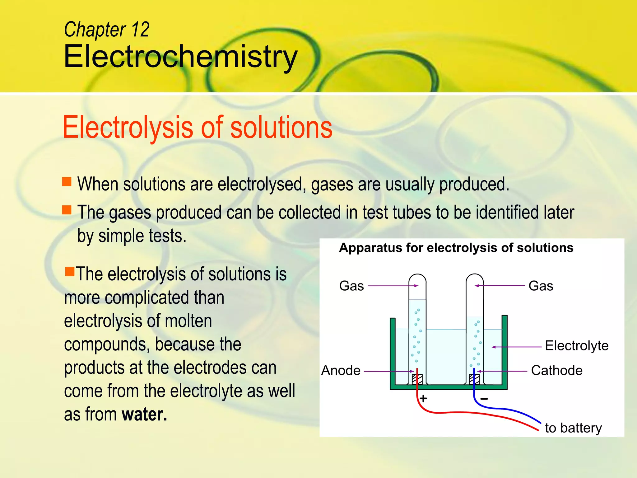  When solutions are electrolysed, gases are usually produced.
 The gases produced can be collected in test tubes to be identified later
by simple tests.
The electrolysis of solutions is
more complicated than
electrolysis of molten
compounds, because the
products at the electrodes can
come from the electrolyte as well
as from water.
Electrolysis of solutions
Electrochemistry
Chapter 12
 