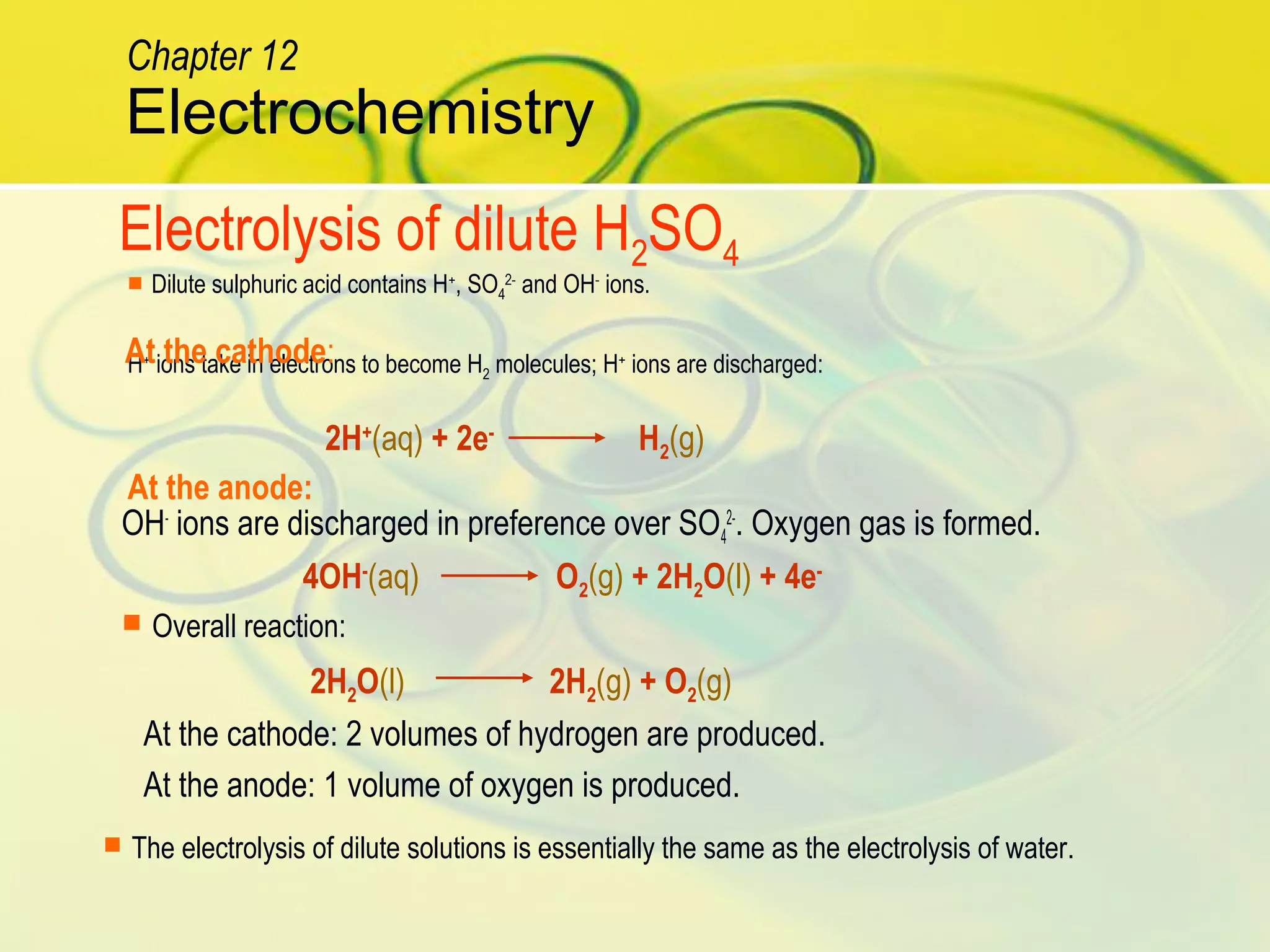 OH-
ions are discharged in preference over SO4
2-
. Oxygen gas is formed.
2H+
(aq) + 2e-
H2(g)
 Dilute sulphuric acid contains H+
, SO4
2-
and OH-
ions.
H+
ions take in electrons to become H2 molecules; H+
ions are discharged:
4OH-
(aq) O2(g) + 2H2O(l) + 4e-
 Overall reaction:
2H2O(l) 2H2(g) + O2(g)
At the cathode: 2 volumes of hydrogen are produced.
At the anode: 1 volume of oxygen is produced.
Electrolysis of dilute H2SO4
At the cathode:
At the anode:
Electrochemistry
Chapter 12
 The electrolysis of dilute solutions is essentially the same as the electrolysis of water.
 
