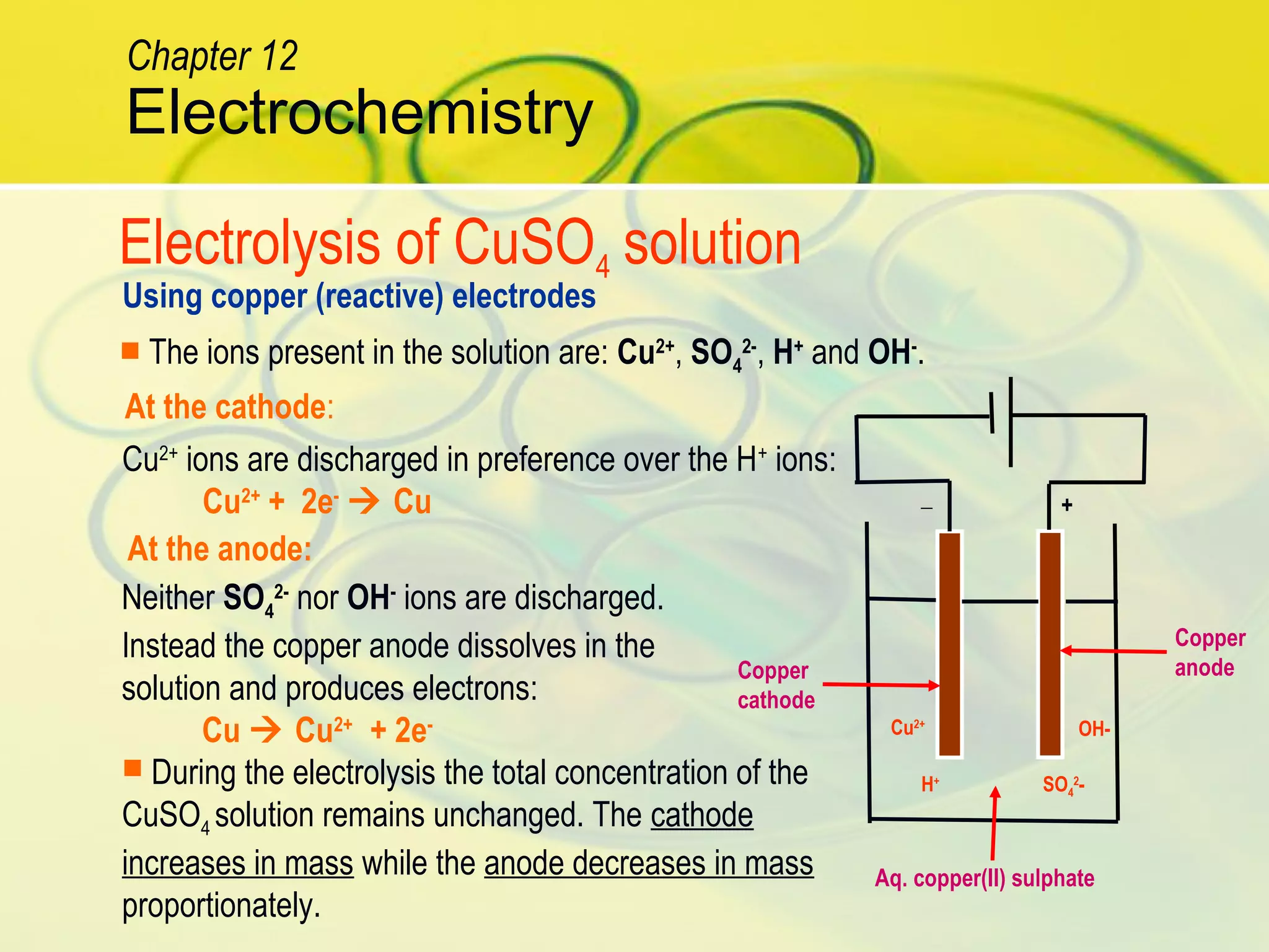 Neither SO4
2-
nor OH-
ions are discharged.
Instead the copper anode dissolves in the
solution and produces electrons:
Cu  Cu2+
+ 2e-
 During the electrolysis the total concentration of the
CuSO4 solution remains unchanged. The cathode
increases in mass while the anode decreases in mass
proportionately.
Electrolysis of CuSO4 solution
Copper
anodeCopper
cathode
Aq. copper(II) sulphate
_ +
Cu2+
H+
SO4
2
-
OH-
Using copper (reactive) electrodes
 The ions present in the solution are: Cu2+
, SO4
2-
, H+
and OH-
.
Cu2+
ions are discharged in preference over the H+
ions:
Cu2+
+ 2e-
 Cu
At the cathode:
At the anode:
Electrochemistry
Chapter 12
 