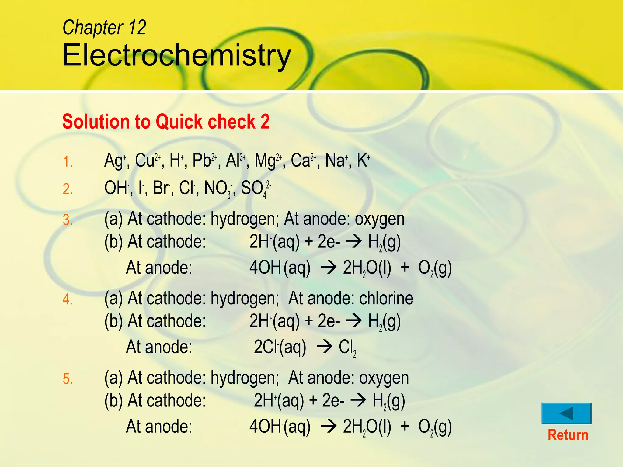 1. Ag+
, Cu2+
, H+
, Pb2+
, Al3+
, Mg2+
, Ca2+
, Na+
, K+
2. OH-
, I-
, Br-
, Cl-
, NO3
-
, SO4
2-
3. (a) At cathode: hydrogen; At anode: oxygen
(b) At cathode: 2H+
(aq) + 2e-  H2(g)
At anode: 4OH-
(aq)  2H2O(l) + O2(g)
4. (a) At cathode: hydrogen; At anode: chlorine
(b) At cathode: 2H+
(aq) + 2e-  H2(g)
At anode: 2Cl-
(aq)  Cl2
5. (a) At cathode: hydrogen; At anode: oxygen
(b) At cathode: 2H+
(aq) + 2e-  H2(g)
At anode: 4OH-
(aq)  2H2O(l) + O2(g) Return
Solution to Quick check 2
Electrochemistry
Chapter 12
 