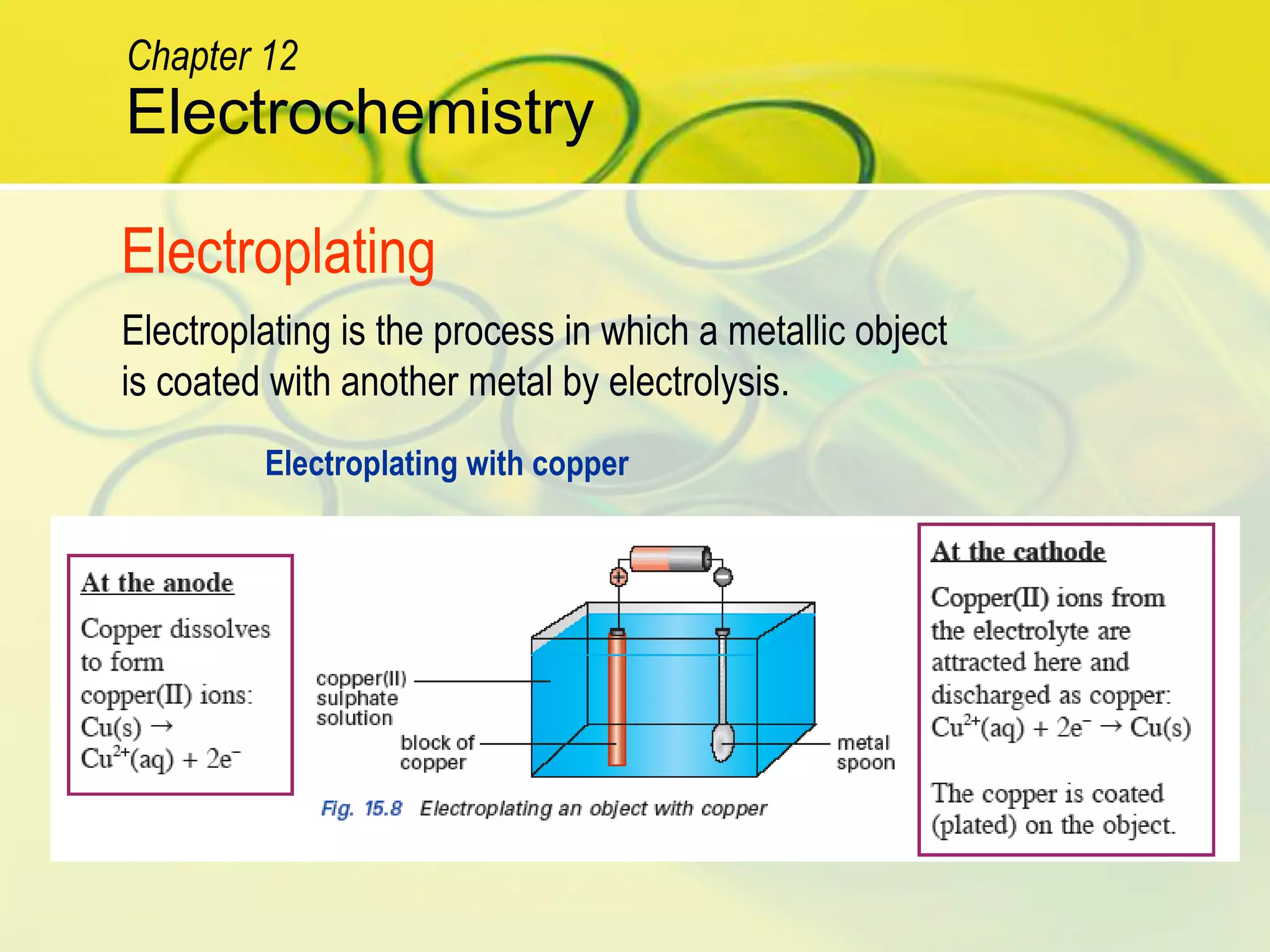 Electroplating
Electroplating with copper
Electroplating is the process in which a metallic object
is coated with another metal by electrolysis.
Electrochemistry
Chapter 12
 