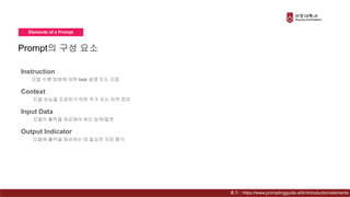 Elements of a Prompt
Instruction
모델 수행 방법에 대한 task 설명 또는 지침
Context
모델 성능을 조정하기 위한 추가 또는 외부 정보
Input Data
모델이 출력을 제공해야 하는 입력/질문
Output Indicator
모델에 출력을 제공하는 데 필요한 지표 형식
Prompt의 구성 요소
출처 : https://www.promptingguide.ai/kr/introduction/elements
 