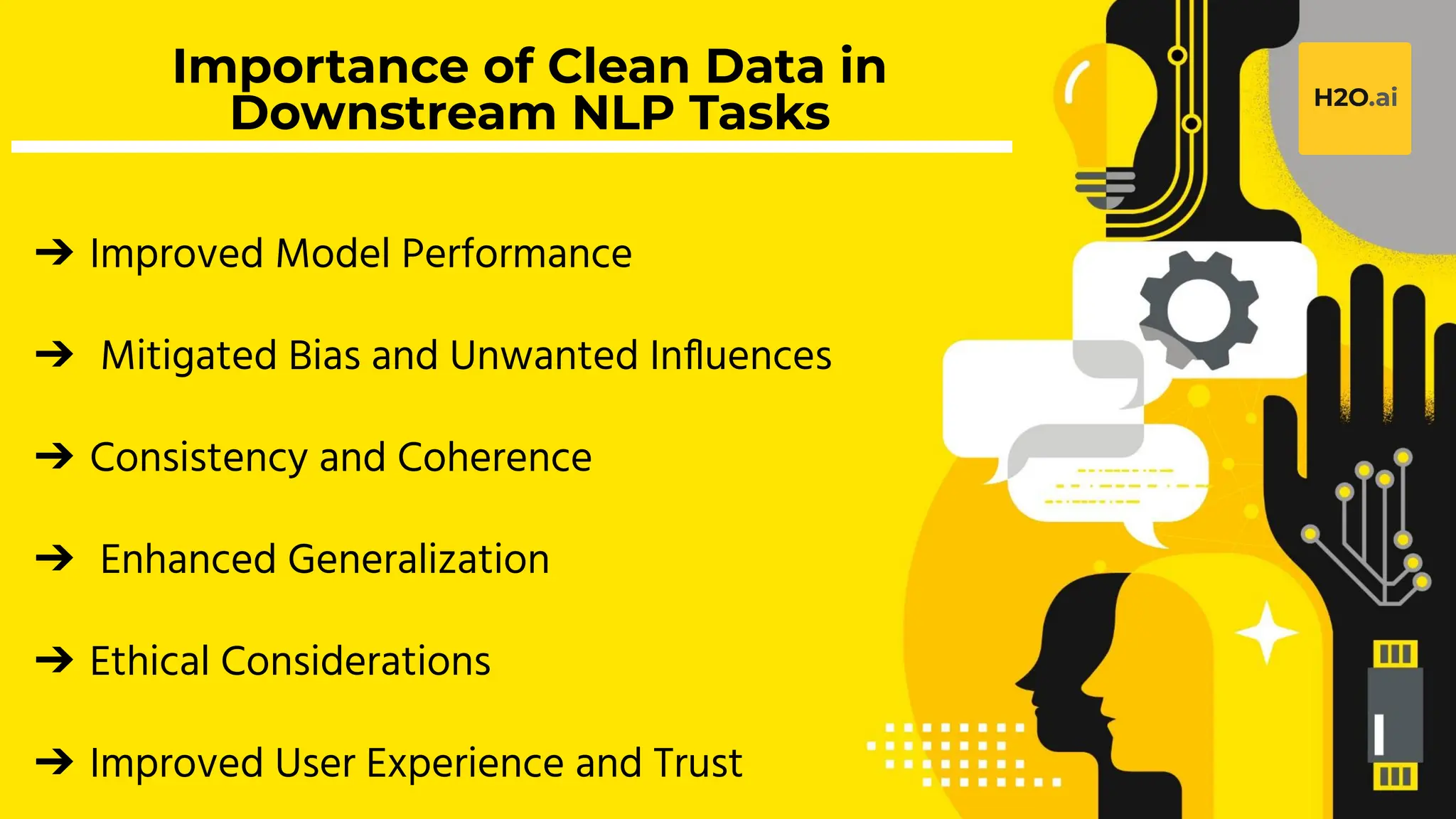 H2O.ai Conﬁdential
Importance of Clean Data in
Downstream NLP Tasks
➔ Improved Model Performance
➔ Mitigated Bias and Unwanted Inﬂuences
➔ Consistency and Coherence
➔ Enhanced Generalization
➔ Ethical Considerations
➔ Improved User Experience and Trust
 