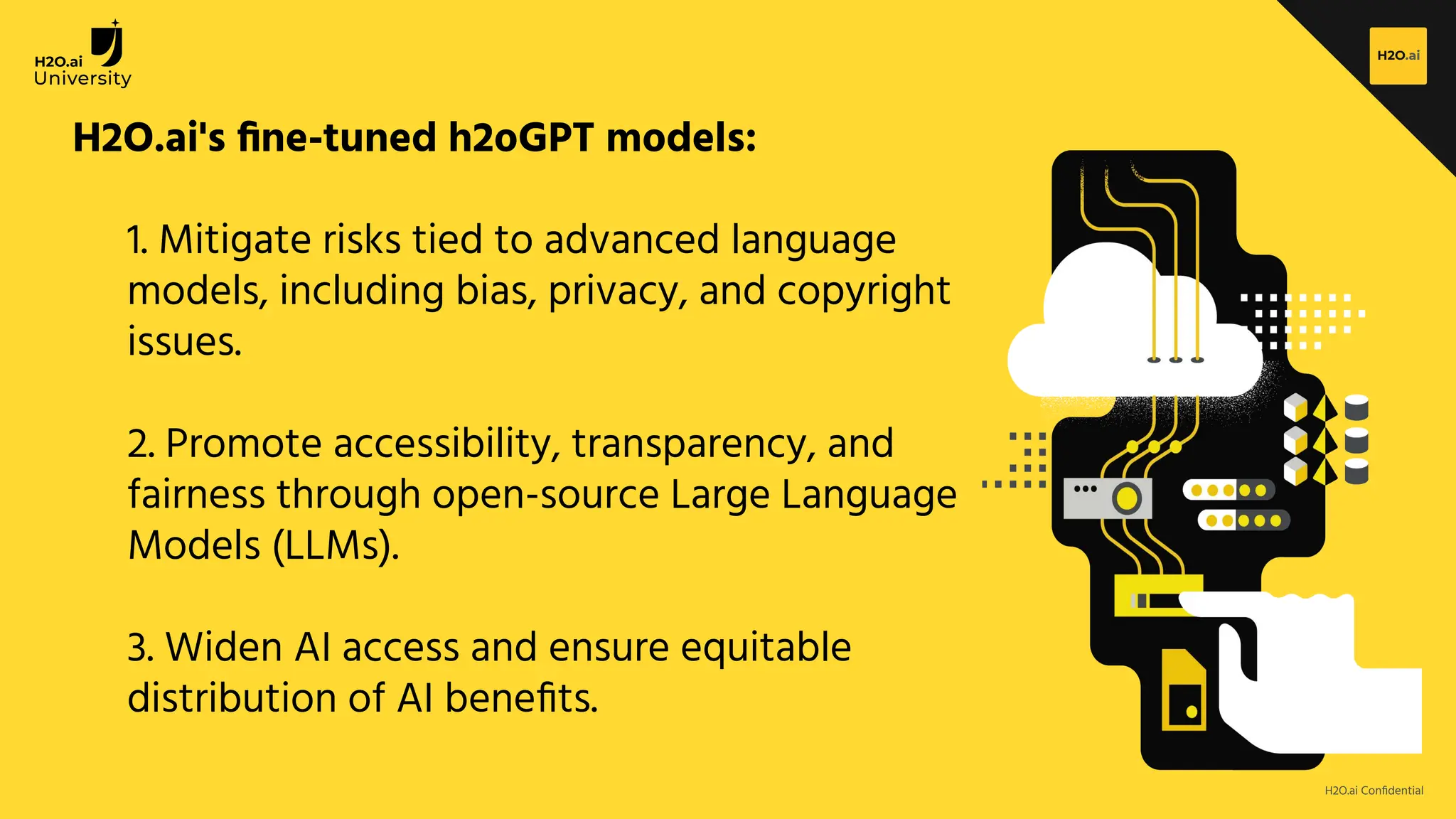 H2O.ai Conﬁdential
H2O.ai's ﬁne-tuned h2oGPT models:
1. Mitigate risks tied to advanced language
models, including bias, privacy, and copyright
issues.
2. Promote accessibility, transparency, and
fairness through open-source Large Language
Models (LLMs).
3. Widen AI access and ensure equitable
distribution of AI beneﬁts.
 