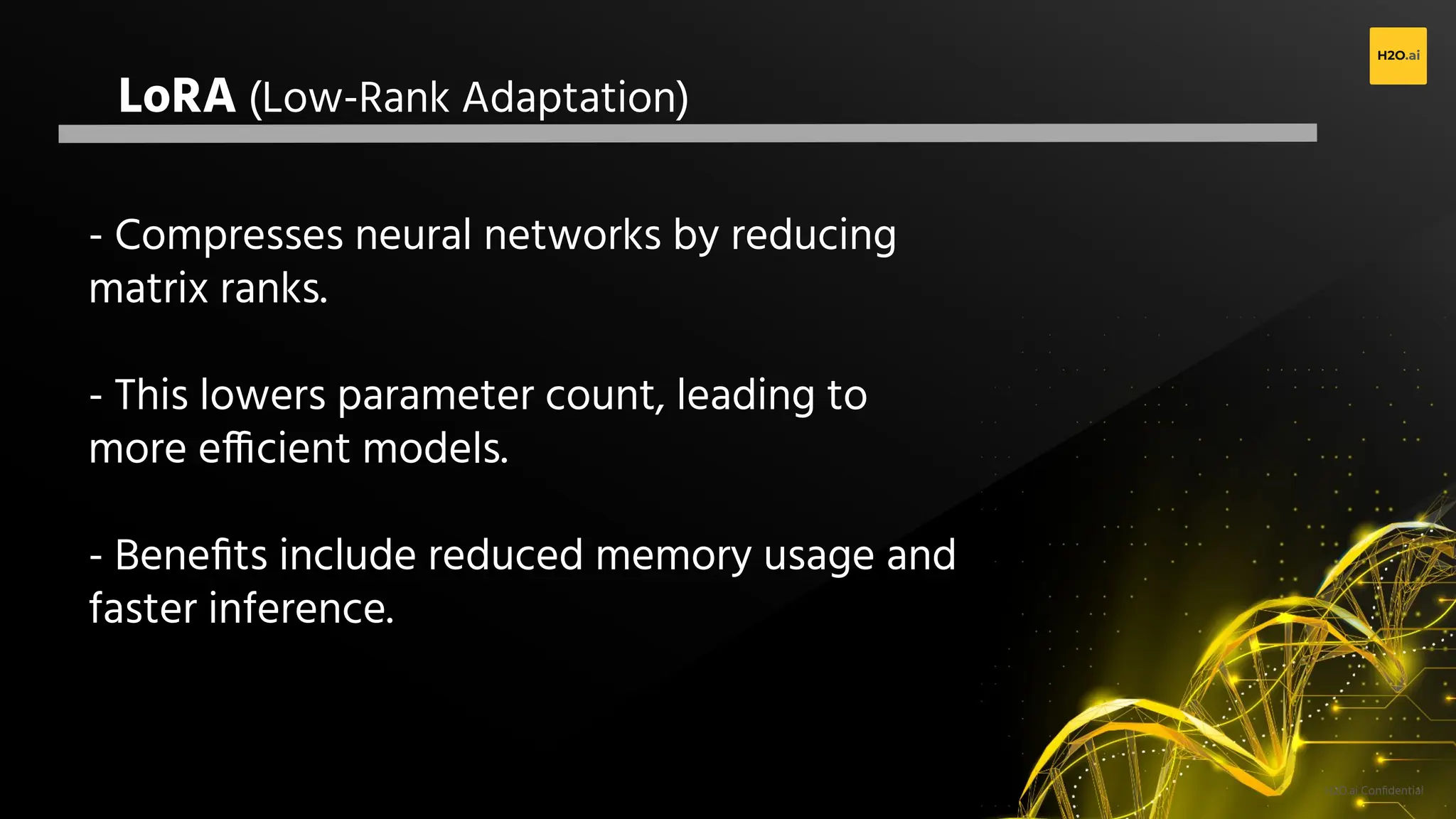 H2O.ai Conﬁdential
LoRA (Low-Rank Adaptation)
- Compresses neural networks by reducing
matrix ranks.
- This lowers parameter count, leading to
more efficient models.
- Beneﬁts include reduced memory usage and
faster inference.
 