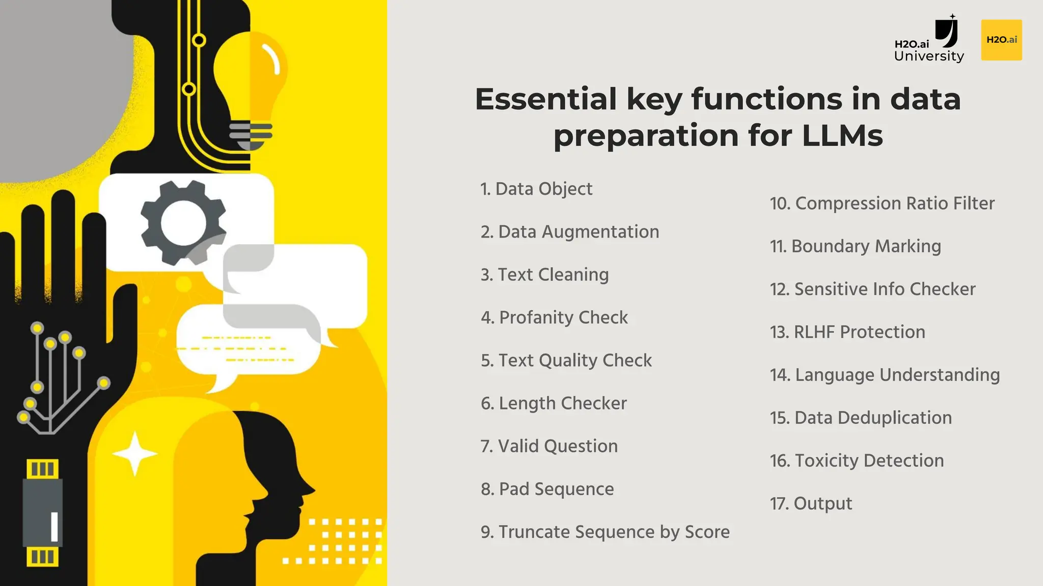 Essential key functions in data
preparation for LLMs
1. Data Object
2. Data Augmentation
3. Text Cleaning
4. Profanity Check
5. Text Quality Check
6. Length Checker
7. Valid Question
8. Pad Sequence
9. Truncate Sequence by Score
10. Compression Ratio Filter
11. Boundary Marking
12. Sensitive Info Checker
13. RLHF Protection
14. Language Understanding
15. Data Deduplication
16. Toxicity Detection
17. Output
 