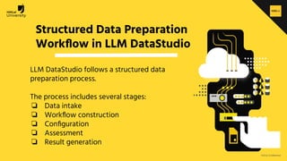 H2O.ai Conﬁdential
Structured Data Preparation
Workﬂow in LLM DataStudio
LLM DataStudio follows a structured data
preparation process.
The process includes several stages:
❏ Data intake
❏ Workﬂow construction
❏ Conﬁguration
❏ Assessment
❏ Result generation
 