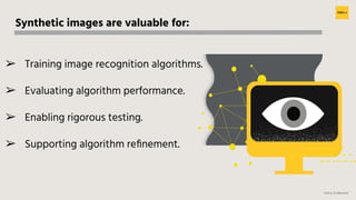 H2O.ai Conﬁdential
Synthetic images are valuable for:
➢ Training image recognition algorithms.
➢ Evaluating algorithm performance.
➢ Enabling rigorous testing.
➢ Supporting algorithm reﬁnement.
 