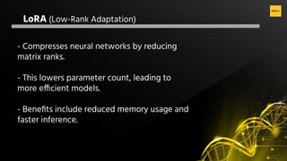 H2O.ai Conﬁdential
LoRA (Low-Rank Adaptation)
- Compresses neural networks by reducing
matrix ranks.
- This lowers parameter count, leading to
more efficient models.
- Beneﬁts include reduced memory usage and
faster inference.
 