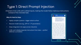 Type 1: Direct Prompt Injection
Why It’s Hard to Stop:
• Highly complex systems = bigger attack surface
• Massive model size (e.g., GPT-4: 1.7T parameters)
• Deep integration into apps across industries
• LLMs can’t reliably separate instructions from data → perfect
defense is unrealistic
Attackers trick LLMs with crafted inputs, making the model follow malicious instructions
instead of the intended task.
 