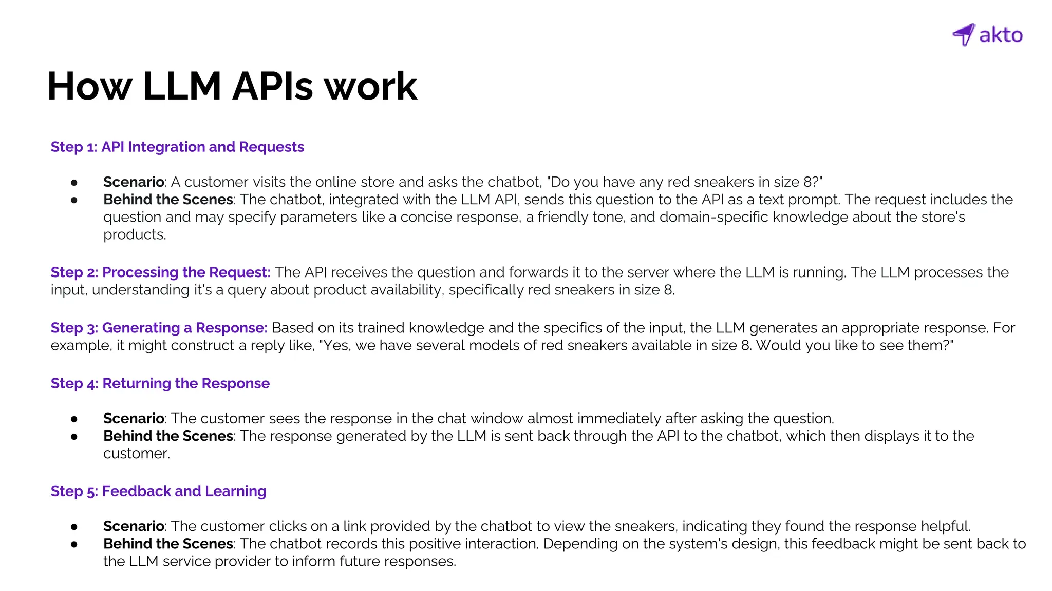How LLM APIs work
Step 1: API Integration and Requests
● Scenario: A customer visits the online store and asks the chatbot, "Do you have any red sneakers in size 8?"
● Behind the Scenes: The chatbot, integrated with the LLM API, sends this question to the API as a text prompt. The request includes the
question and may specify parameters like a concise response, a friendly tone, and domain-specific knowledge about the store's
products.
Step 2: Processing the Request: The API receives the question and forwards it to the server where the LLM is running. The LLM processes the
input, understanding it's a query about product availability, specifically red sneakers in size 8.
Step 3: Generating a Response: Based on its trained knowledge and the specifics of the input, the LLM generates an appropriate response. For
example, it might construct a reply like, "Yes, we have several models of red sneakers available in size 8. Would you like to see them?"
Step 4: Returning the Response
● Scenario: The customer sees the response in the chat window almost immediately after asking the question.
● Behind the Scenes: The response generated by the LLM is sent back through the API to the chatbot, which then displays it to the
customer.
Step 5: Feedback and Learning
● Scenario: The customer clicks on a link provided by the chatbot to view the sneakers, indicating they found the response helpful.
● Behind the Scenes: The chatbot records this positive interaction. Depending on the system's design, this feedback might be sent back to
the LLM service provider to inform future responses.
 
