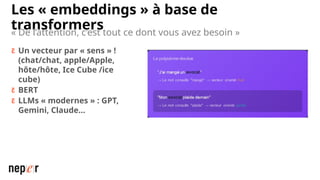 Les « embeddings » à base de
transformers
 Un vecteur par « sens » !
(chat/chat, apple/Apple,
hôte/hôte, Ice Cube /ice
cube)
 BERT
 LLMs « modernes » : GPT,
Gemini, Claude…
« De l’attention, c’est tout ce dont vous avez besoin »
 