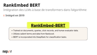RankEmbed BERT
 Intégré en 2019
Intégration des LLMs à base de transformers dans l’algorithme
 