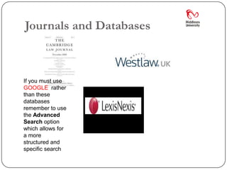 Journals and Databases



If you must use
GOOGLE rather
than these
databases
remember to use
the Advanced
Search option
which allows for
a more
structured and
specific search
 