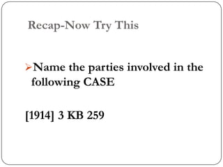 Recap-Now Try This


Name the parties involved in the
 following CASE

[1914] 3 KB 259
 