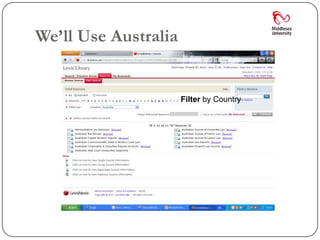 We’ll Use Australia

                 Select Filter by
                 Country by Country
                     Filter
 