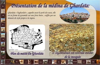 Présentation de la médina de Ghardaïa:
Ghardaïa « Taghardaït », appelée aussi la perle des oasis, elle
est en forme de pyramide sur une forte butte , coiffée par un
minaret de style propre à la région.
Plan de masse De Ghardaïa L’organisation est centrale autour
de la mosquée
18
 