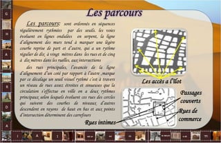 Les parcours
Les accès a l’îlot
Rues intimes
Rues de
commerce
Les parcours: sont ordonnés en séquences
régulièrement rythmées par des seuils. les voies
évoluent en lignes ondulées en serpent, la ligne
d’alignement des murs tend à marquer une légère
courbe reprise de part et d’autre, qui a un rythme
régulier de dix à vingt mètres dans les rues et de cinq
à dix mètres dans les ruelles, aux intersections
des rues principales, l’avancée de la ligne
d’alignement d’un coté par rapport à l’autre ,marque
par ce décalage un seuil visuel rythmé c’est à travers
un réseau de rues assez étroites et sinueuses que la
circulation s’effectue en ville on a deux rythmes
principaux selon lesquels évoluent ces rues des cercles
qui suivent des courbes de niveaux d’autres
descendent en rayons de haut en bas et aux points
d’intersection déterminent des carrefours
Passages
couverts
35
 