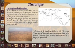 Historique
Les origines des kharidjites :
 les habitants de la vallée, ou mozabites, sont des
musulmans schismatiques ou kharidjites, le schisme
auquel ils se rattachent date du VIème siècle et a
pour origine la succession de prophètes.
 Ali proclamé khalife après les trois premières
élections lors de cette succession. Muawiya
gouverneur de Syrie prétendant au khalifat entra en
guerre contre Ali .
 Au cours de la bataille de Ciffin en 657, Ali, en vue
d’éviter une effusion de sang, certains partisans d’Ali
refusent l’arbitrage qu’a proposé Muawiya et c’est ce
groupe qui fit scission.
5
 