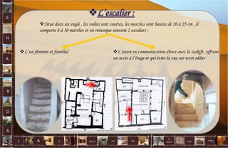 L’escalier :
Situé dans un angle , les volées sont courtes, les marches sont hautes de 20 à 25 cm , il
comporte 8 à 10 marches et on remarque souvent 2 escaliers :
L’un féminin et familial L’autre en communication direct avec la taskift, offrant
un accès à l’étage et qui évite la vue sur west eddar
G
H
A
R
D
A
I A est un oui Où a dit
la
nature
non.
: 50
 