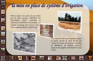 G
H
A
R
D
A
I A est un oui Où a dit
la
nature
non.
:
la mise en place de système d’irrigation.
•Les eaux de crues sont canalisées depuis
le bassin versant de oued M’Zab qui
s’étend en amont sur plusieurs centaines
de kilomètres, de manière naturelle
jusqu’au lieu appelé oued laadira et oued
m’zab
•Mis en place il y a plus de sept siècles
par les deux savants CHEIKH BA
MHAMED ABOU SAHABA et
CHEIKH HAMMOU OULHADJ : Le
système de partage des eaux de crues se
trouve situé au fond de la palmeraie.
70
 