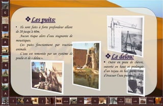 G
H
A
R
D
A
I A est un oui Où a dit
la
nature
non.
:
Les puits:
• Ils sont faits à forte profondeur allant
de 20 jusqu’à 60m.
Aucun risque alors d’eau stagnante de
moustiques.
Ces puits fonctionnent par traction
animale.
L’eau est remontée par un système de
poulie et de « delou ».
 Outre en peau de chèvre,
ouverte en haut et prolongée
d’un tuyau en bas permettant
d’évacuer l’eau puisée .
Le delou:
74
 