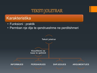 Karakteristika
• Funksioni : praktik
• Permban nje dije te qendrueshme ne perditshmeri
Teksti joletrar
INFORMUES PERSHKRUES SHPJEGUES ARGUMENTUES
Klasifikimi ne
baze te qellimit
 