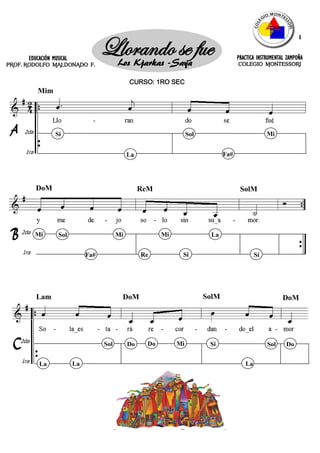 PRACTICA INSTRUMENTAL ZAMPOÑA
COLEGIO MONTESSORI
CURSO: 1RO SEC
EDUCACIÓN MUSICAL
PROF. RODOLFO MALDONADO F.
Llorando se fueLos Kjarkas -Saya
1ra
2da Sol Mi
Fa#La
Si
Mim
Re
Mi Mi
Si
Sol Mi
Fa#
La
Si1ra
2da
DoM SolMReM
Do DoDo
La
Sol Mi
LaLa
Si Sol
1ra
2da
Lam SolM DoMDoM
1