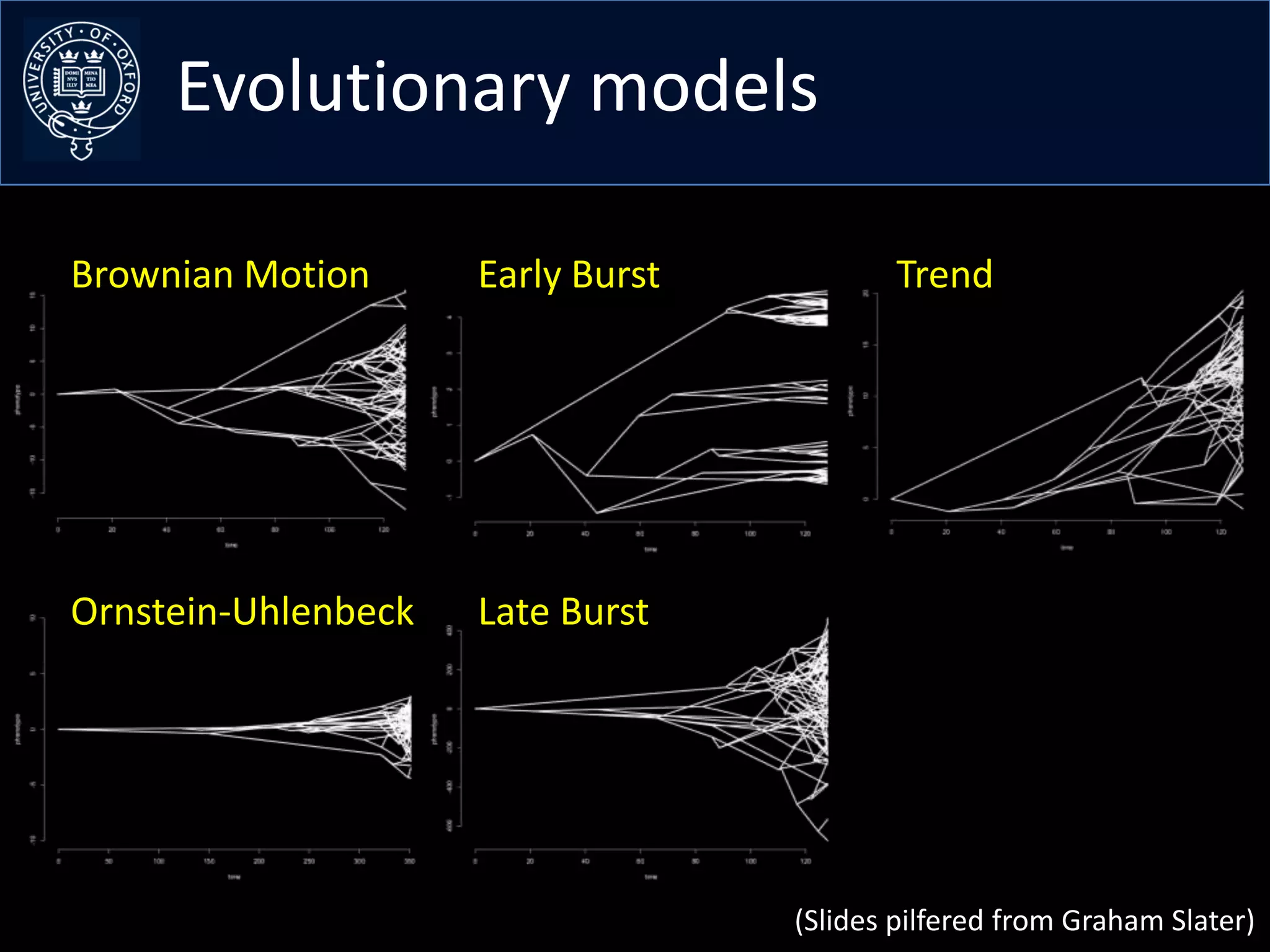 Evolutionary models

Brownian Motion      Early Burst          Trend




Ornstein-Uhlenbeck   Late Burst




                                   (Slides pilfered from Graham Slater)
 