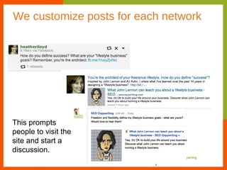 We customize posts for each network




This prompts
people to visit the
site and start a
discussion.
 