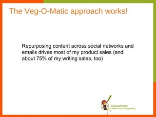 The Veg-O-Matic approach works!



   Repurposing content across social networks and
   emails drives most of my product sales (and
   about 75% of my writing sales, too)
 