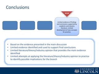 Conclusions
Limited evidence of findings
and conclusions supported by
academic and industry
literature. Limited
development of new concepts
for practice.
49-40
• Based on the evidence presented in the main discussion
• Limited evidence identified and used to support final conclusions
• Limited literature/theory/industry opinion that provides the main evidence
identified
• Limited attempts at applying the literature/theory/industry opinion to practice
to identify possible implications for the branch
 
