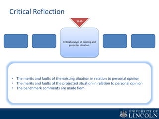 Critical Reflection
Critical analysis of existing and
projected situation.
59-50
• The merits and faults of the existing situation in relation to personal opinion
• The merits and faults of the projected situation in relation to personal opinion
• The benchmark comments are made from
 