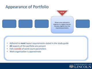 Appearance of Portfolio
Shows some attempt to
organise in a logical manner.
Deviates slightly from the
required parameters.
49-40
• Adhered to most layout requirements stated in the study guide
• All aspects of the portfolio are present
• Falls outside of word count parameters
• Work organisation is approximate
 