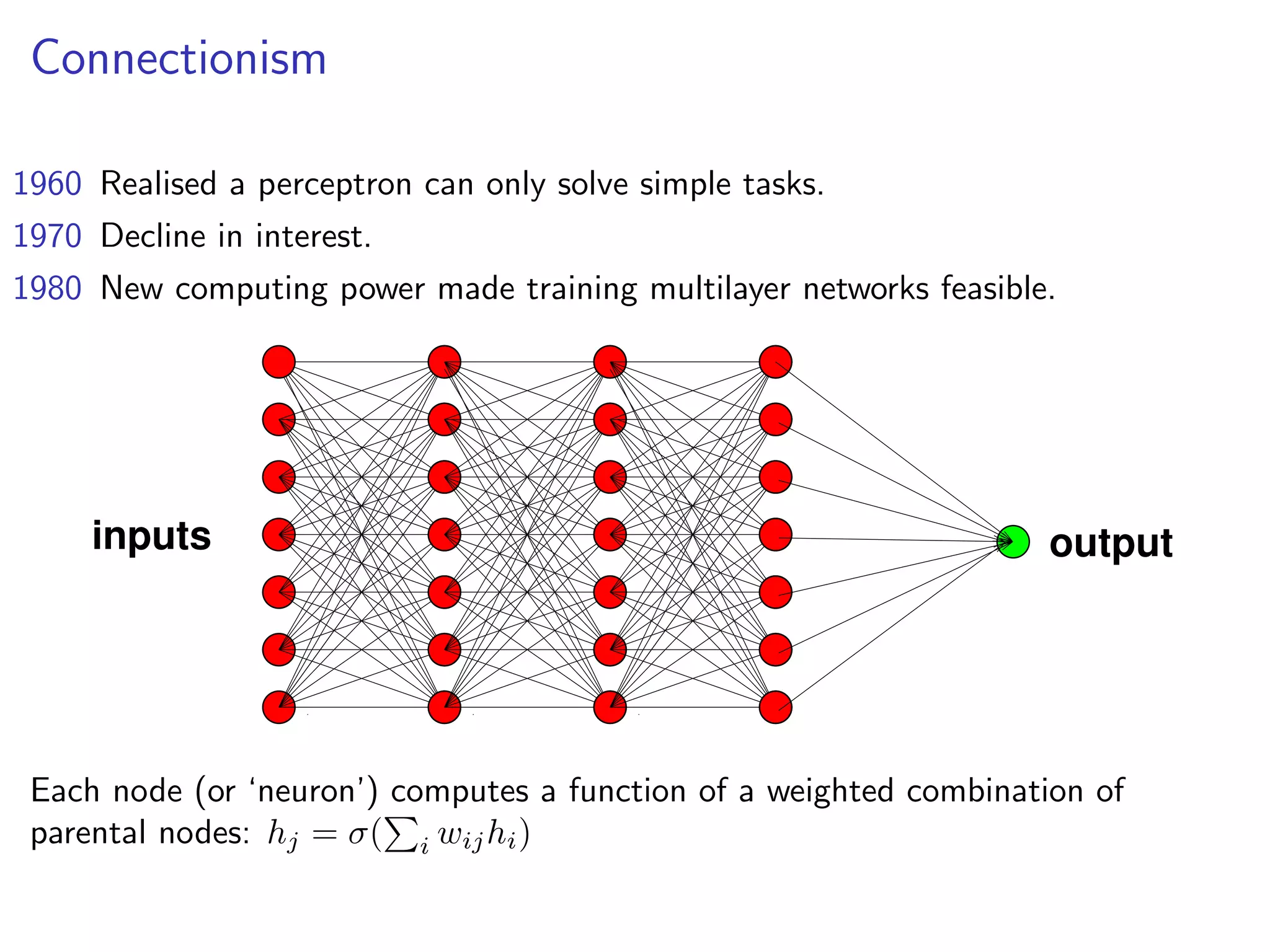 Connectionism
1960 Realised a perceptron can only solve simple tasks.
1970 Decline in interest.
1980 New computing power made training multilayer networks feasible.
outputinputs
Each node (or ‘neuron’) computes a function of a weighted combination of
parental nodes: hj = σ( i wijhi)
 