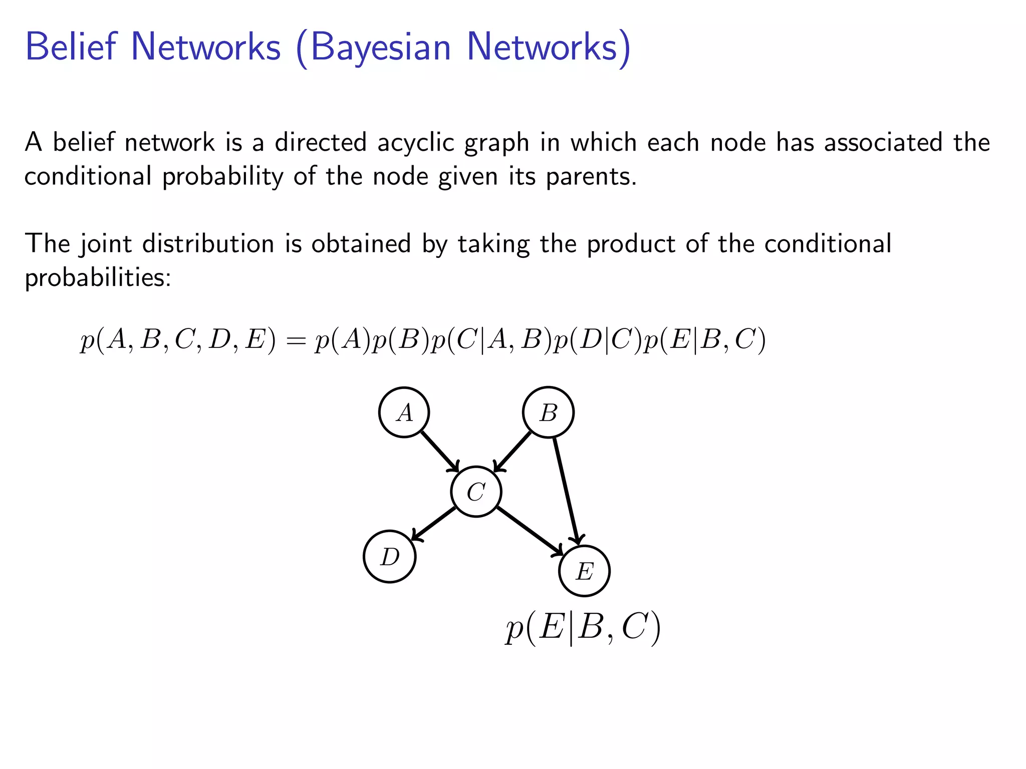 Belief Networks (Bayesian Networks)
A belief network is a directed acyclic graph in which each node has associated the
conditional probability of the node given its parents.
The joint distribution is obtained by taking the product of the conditional
probabilities:
p(A, B, C, D, E) = p(A)p(B)p(C|A, B)p(D|C)p(E|B, C)
p(E|B, C)
A B
C
D
E
 